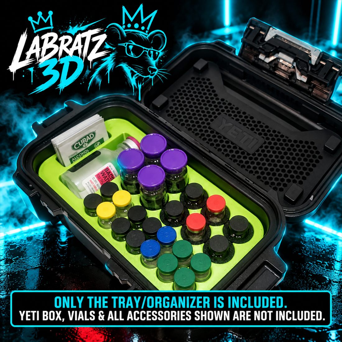 LabRatz 3D lime green organizer in an open YETI case, holding vials of different sizes